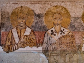 Fresque des Pères de l'église provenant de l'église Sant' Adriano, musée Crypta Balbi à Rome en Italie