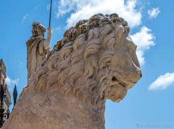 Lion of the port of Piraeus in Athens with its runic inscriptions, in front of the entrance to the Arsenal of Venice