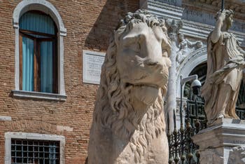 Lion from the port of Piraeus in Athens with its runic inscriptions, in front of the entrance to the Arsenal of Venice