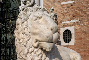 The lion of Hephaestus from the Sacred Way that linked Athens to Eleusis in front of the entrance to the Arsenale in Venice
