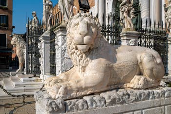 The lion of Hephaestus from the Sacred Way that linked Athens to Eleusis in front of the entrance to the Arsenal in Venice