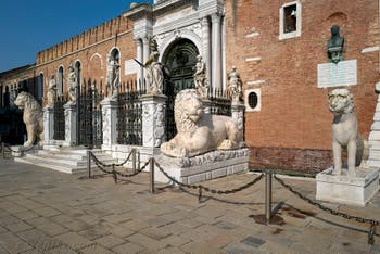 Three of the four Greek lions in front of the entrance to the Arsenal in Venice