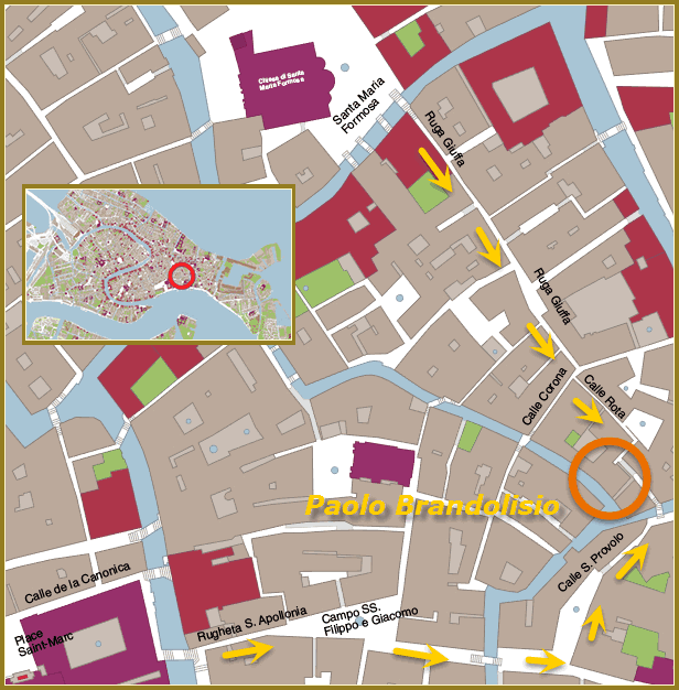 Plan d'accès à l'atelier du Remer sculpteur de Forcole Paolo Brandolisio à Venise