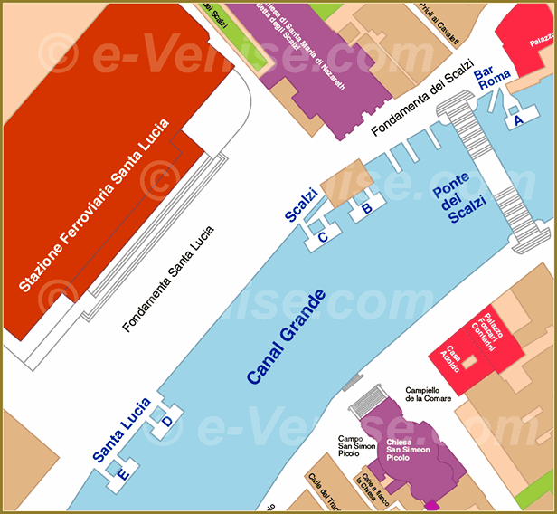 Venise Vaporetto Carte Plan des embarcaderes à la Gare (Ferrovia) Santa Lucia ACTV