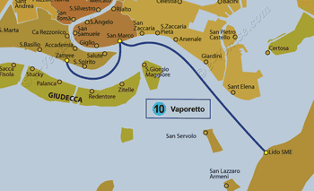 Plan de la ligne du Vaporetto ACTV numéro 10 à Venise en Italie