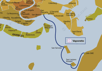 Plan de la ligne du Vaporetto ACTV numéro 20 à Venise en Italie