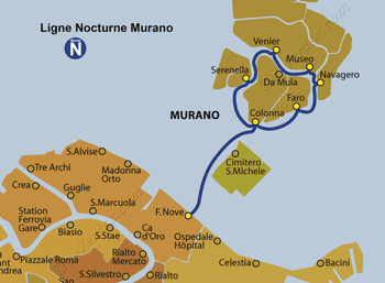 Plan de la ligne du Vaporetto ACTV Nocturne Murano à Venise en Italie