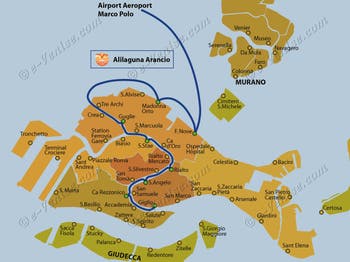 Plan der Bootslinie Alilaguna Arancio zwischen dem Flughafen Marco Polo und Venedig in Italien
