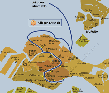 Plan de la ligne de bateau Alilaguna Arancio entre l'aéroport Marco Polo et Venise en Italie