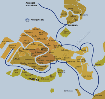 Plan de la ligne de bateau Alilaguna Blu entre l'aéroport Marco Polo et Venise en Italie