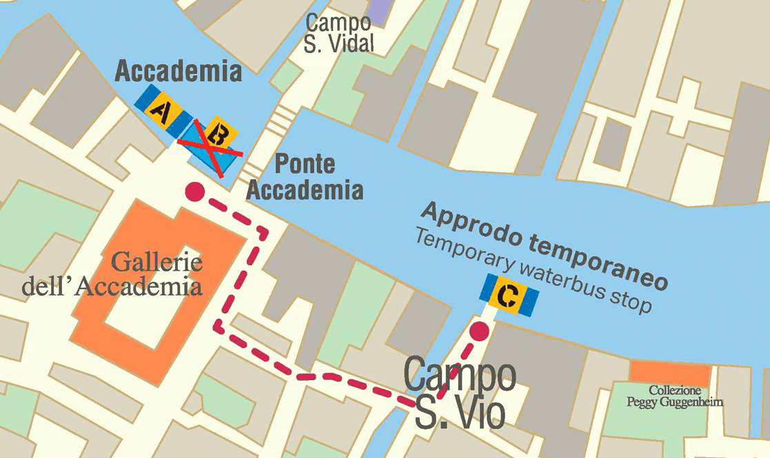 Venise Vaporetto Carte Plan embarcadere San Vio Provisoire en remplacement Accademia ACTV